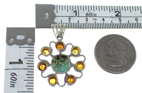 Authentic Sterling Silver Southwest #8 Turquoise And Amber Pendant QX74152